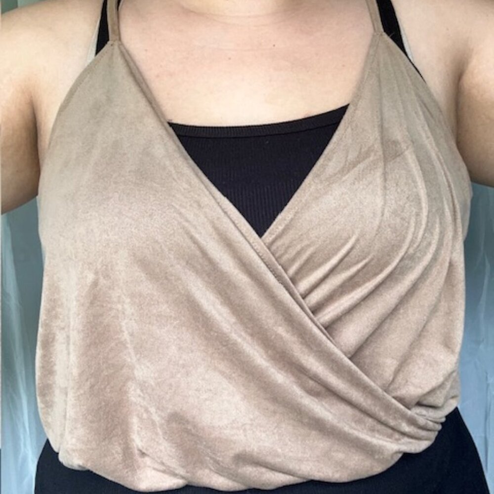 Women Large Tan Draped V-Neck Velvet(ish) Crop Top Tank Top